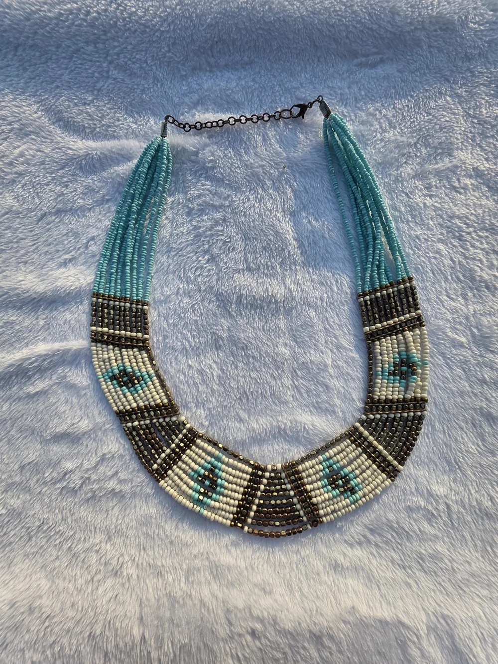 Handmade Turquoise and White Seed Bead Statement Necklace